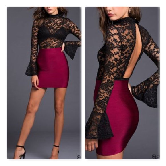 High Neck Flare Sleeve Open Back Lace Bodysuit - Picture 3 of 13